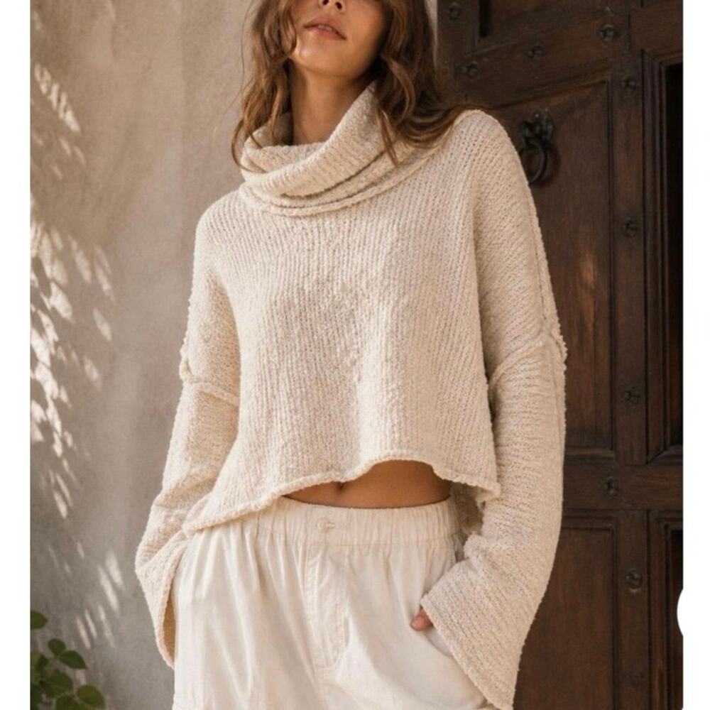Free People Big Easy Cowl Neck Sweater Textured Boucle Knit Oatmeal Cream XS